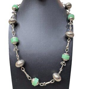 Vintage Jakob Bengel Style 1930 Art Deco Silver Green Jade Chrome Beads Necklace
